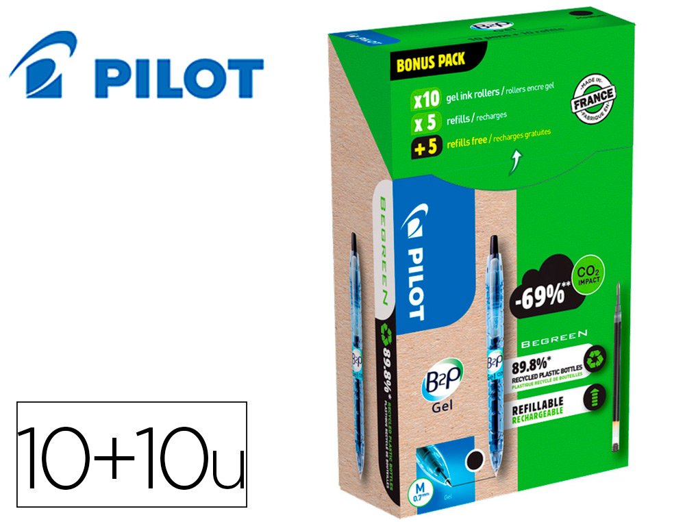 PACK PILOT BEGREEN B2P 10 ROLLERS ENCRE GEL POINTE MOYENNE + 10 RECHARGES DONT 5 OFFERTES NOIR