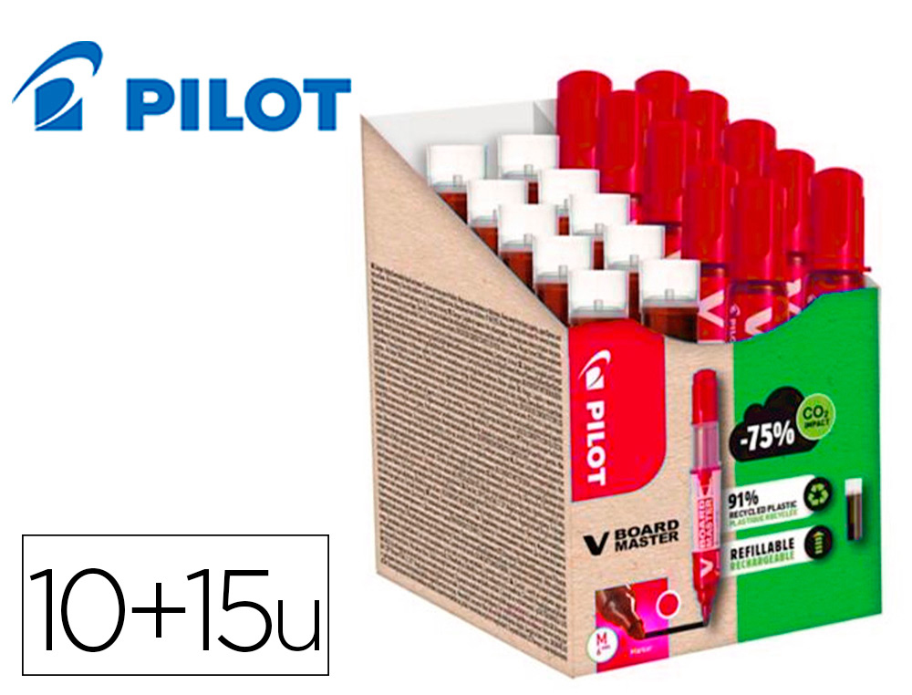 PACK PILOT V-BOARD MASTER 10 MARQUEURS EFFACABLES A SEC    POINTE CONIQUE MOYENNE 10 RECHARGES 5 OFFERTES COLORIS ROUGE
