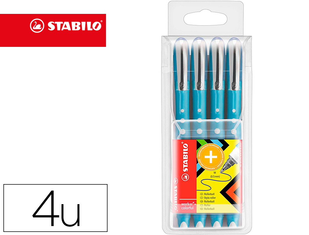 ROLLER STABILO WORKER COLORFUL POINTE EN METAL      CORPS PLASTIQUE ENCRE LIQUIDE POCHETTE DE 4U