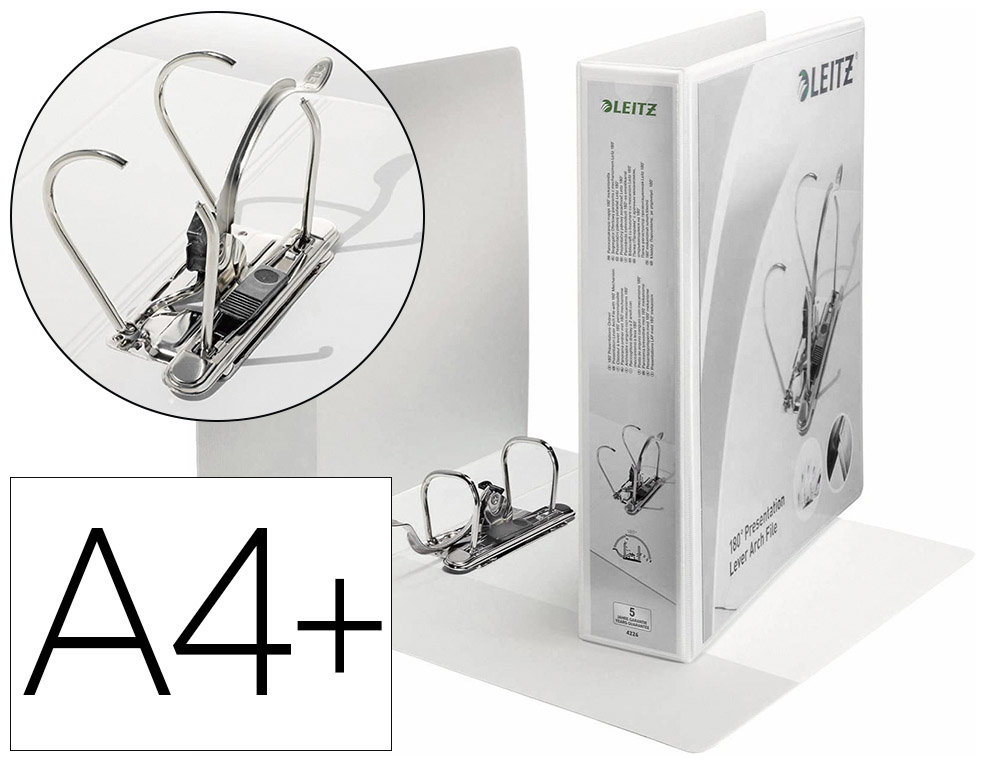 CLASSEUR LEVIER LEITZ PANORAMA 180 DEGRS PLASTIQUE FORMAT A4 MAXI 31,9X29CM DOS 50MM 350F POCHETTE INSERTION BLANC
