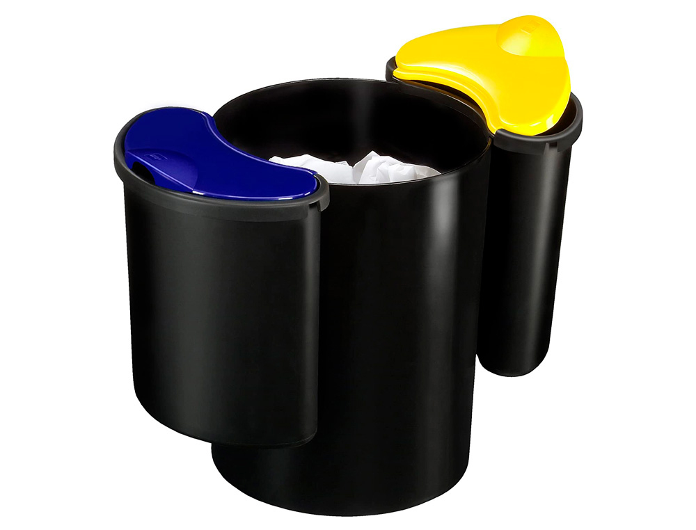 CORBEILLE PAPIER CEP RECYCLAGE POLYPROPYLENE 3 COMPARTIMENTS NOIR/BLEU/JAUNE PAPIER 19L + 2 DE 4,5L HAUTEUR 263MM