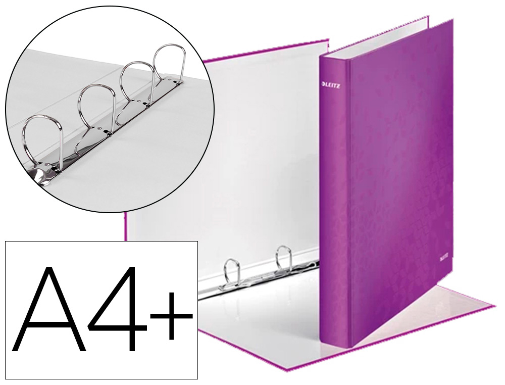 CLASSEUR LEITZ WOW 4 ANNEAUX EN D 25MM CARTON PELLICUL ROBUSTE A4+ 275X40X318MM DOS 40MM COLORIS VIOLET
