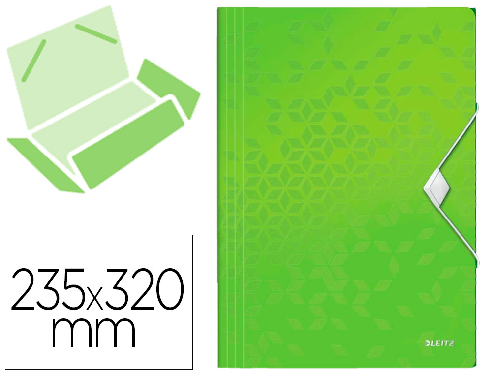 CHEMISE 3 RABATS LEITZ WOW POLYPROPYLNE FERMETURE LASTIQUE COLORIS VERT 235X320MM