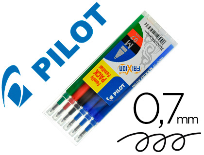 RECHARGE ROLLER PILOT FRIXION BALL CLICKER ENCRE GEL POINTE MOYENNE 0,7MM SET 6 UNITS 3 BLEUS 1 NOIR 1 ROUGE 1 VERT