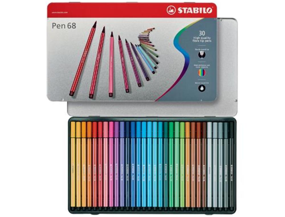 FEUTRE PEN 68 BTE 30 FEUTRE AQUARELLABLE - STABILO - PEN 68 - BOITE METAL DE 30