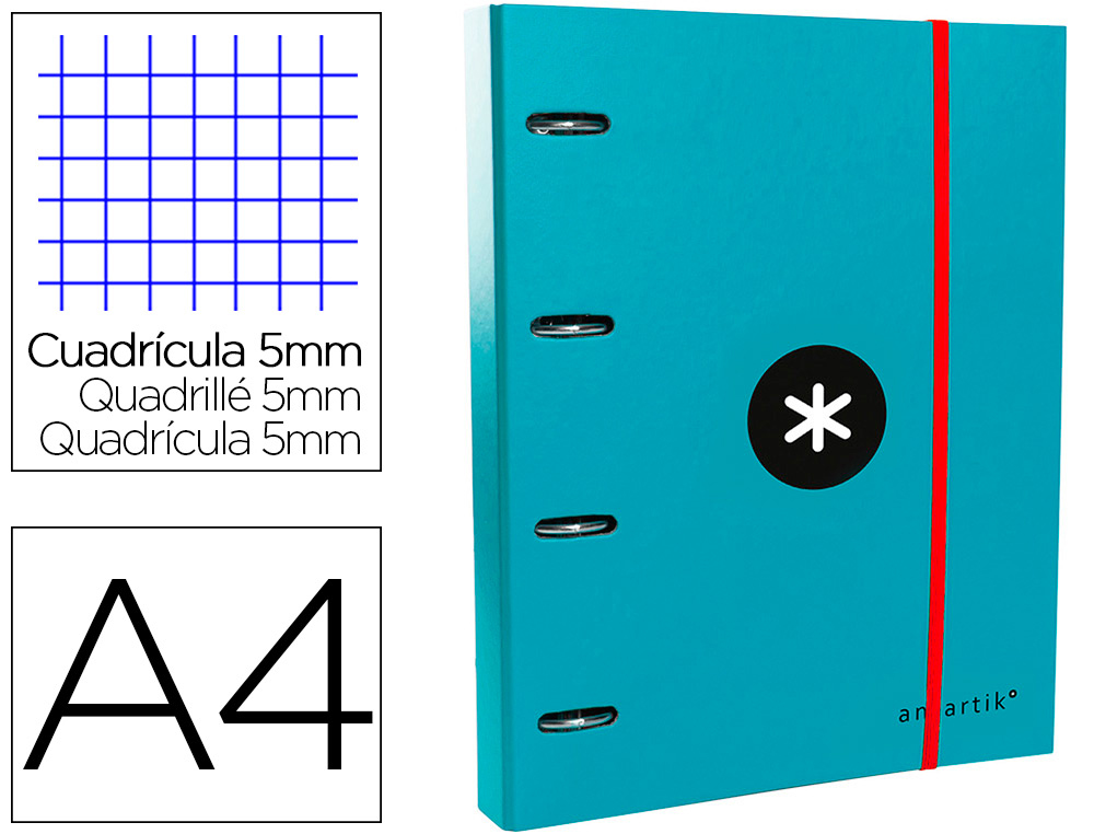 CLASSEUR ANTARTIK 4 ANNEAUX RONDS 40MM A4 CARTON REMBORDE FEUILLETS MOBILES QUADRILLAGE 5MM COLORIS TURQUOISE
