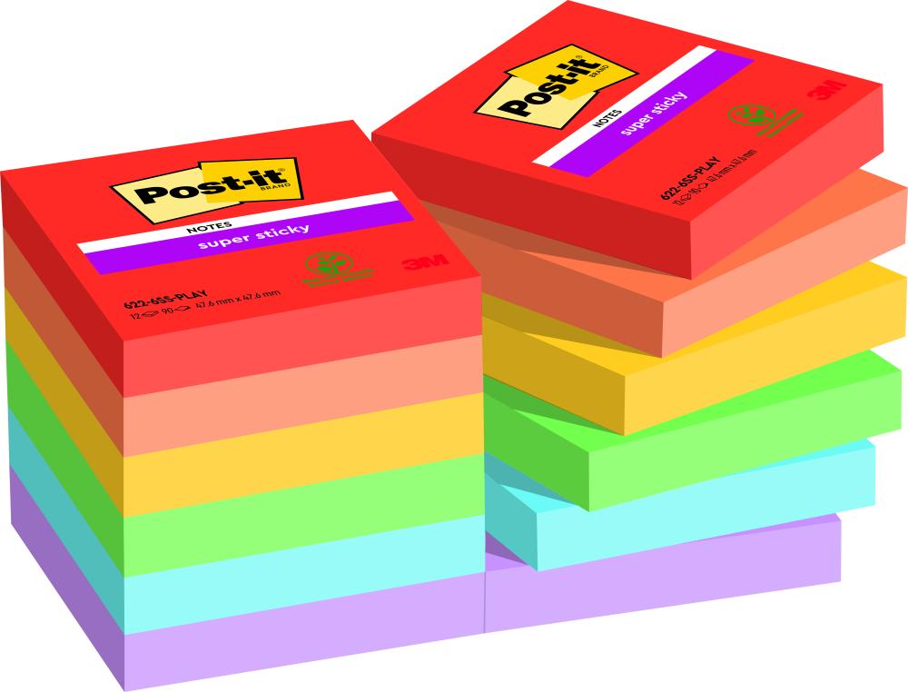 BLOC NOTES POST-IT SUPER STICKY COLLECTION PLAYFUL     47,6 X 47,6MM  12 BLOCS 90    FEUILLES