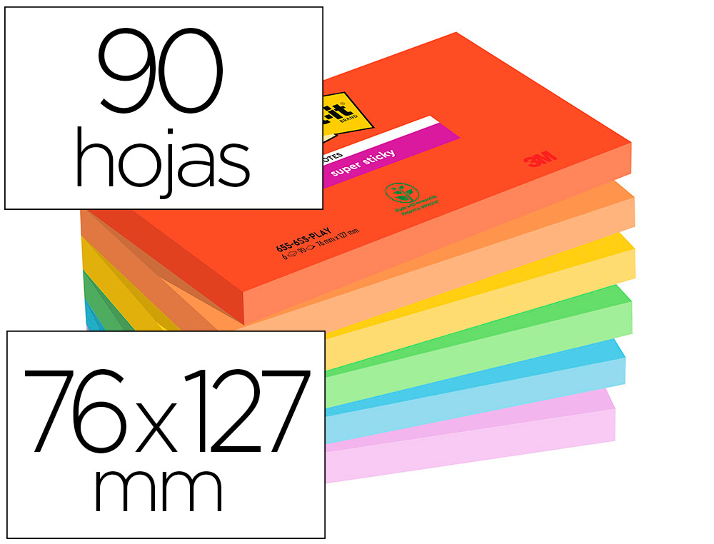 BLOC NOTES POST-IT SUPER STICKY COLLECTION  PLAYFUL 76 X 127 MM, 6 BLOCS 90 FEUILLES