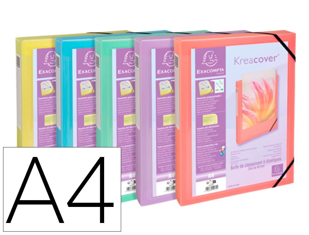 BOITE DE CLASSEMENT KREACOVER POLYPROPYLENE TRANSPARENT A4  250X330MM DOS 40MM            ASSORTIMENT PASTEL
