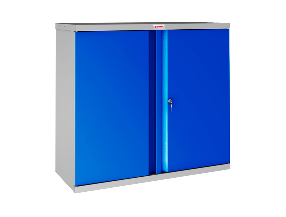 ARMOIRE BASSE PHOENIX ACIER 100CM 2 PORTES ET 1 ETAGERE   SERRURE A CLE COLORIS BLEU