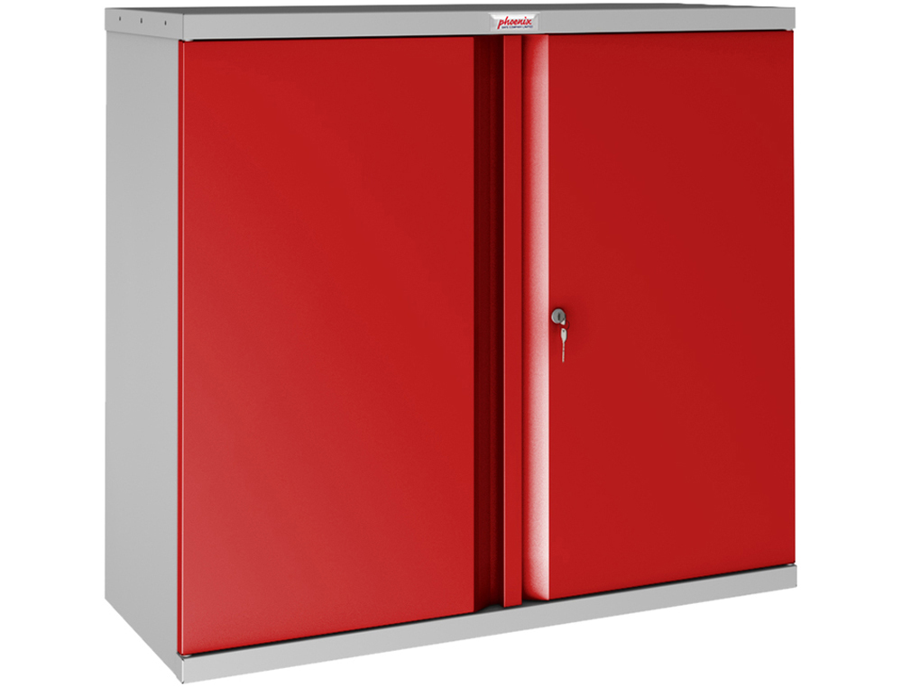 ARMOIRE BASSE PHOENIX ACIER 100CM 2 PORTES ET 1 ETAGERE   SERRURE A CLE COLORIS ROUGE