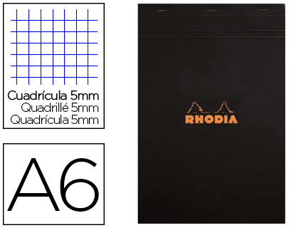 BLOC BUREAU RHODIA A6 PAPIER VLIN SURFIN COUVERTURE ENDUITE ENVELOPPANTE 105X148MM 80F DTACHABLES 80G 5X5MM NOIR