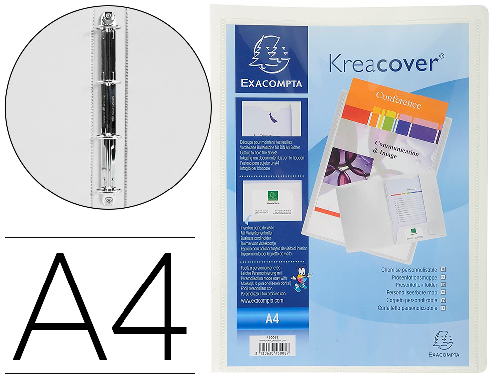 CHEMISE PRSENTATION EXACOMPTA KREACOVER POLYPROPYLNE 4/10E A4 PERSONNALISABLE PORTE CARTE DE VISITE COLORIS BLANC