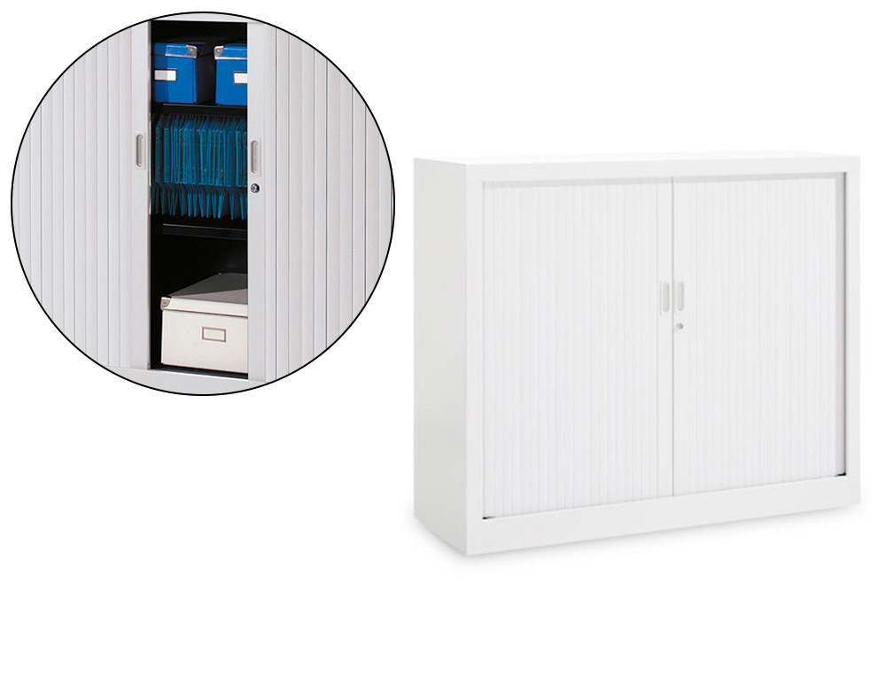 ARMOIRE MONOBLOC A RIDEAUX PVC NON FEU M1 EOL 2 TABLETTES H100CM L120CM P43CM CORPS ET FINITION COULEUR BLANC