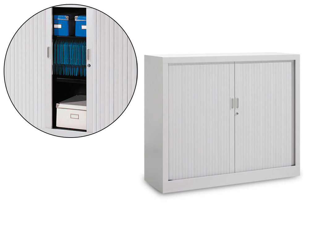 ARMOIRE MONOBLOC A RIDEAUX PVC NON FEU M1 EOL 2 TABLETTES H100CM L120CM P43CM CORPS ET FINITION COULEUR GRIS CLAIR