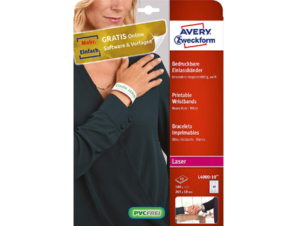 BRACELET IMPRIMABLE AVERY LASER PERSONNALISABLE DOUX INDCHIRABLE MICRO-PERFOR NON RUTILISABLE 18X265MM 50U BLANC