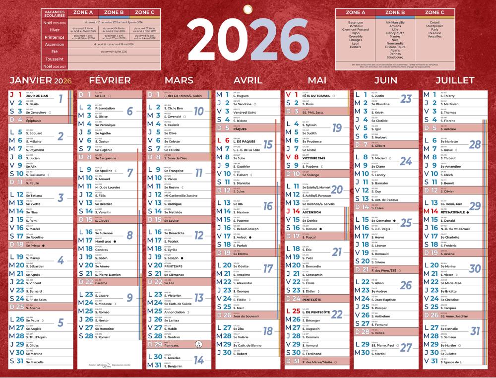 CALENDRIER 2X7M 32X42 ROUGE CALENDRIER BANCAIRE ROUGE 42X32 CM