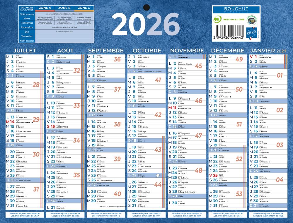 CALENDRIER 2X7M 21X26.5CM BLEUCALENDRIER BANCAIRE BLEU 26,5X21 CM