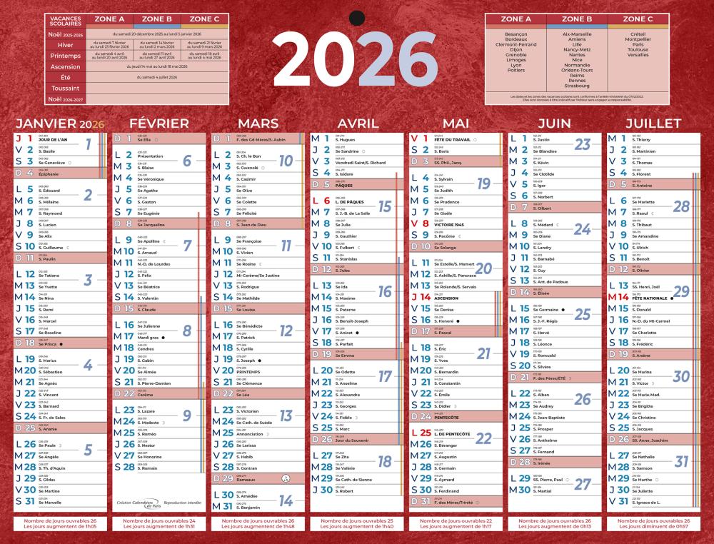 CALENDRIER 2X7M 21X26.5CM ROUGCALENDRIER BANCAIRE ROUGE 26,5X21 CM