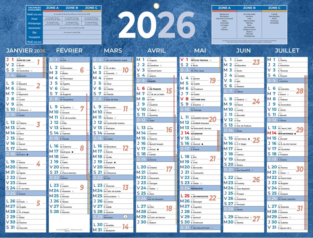 CALENDRIER 2X7M 32X42 BLEU CALENDRIER BANCAIRE BLEU 42X32 CM