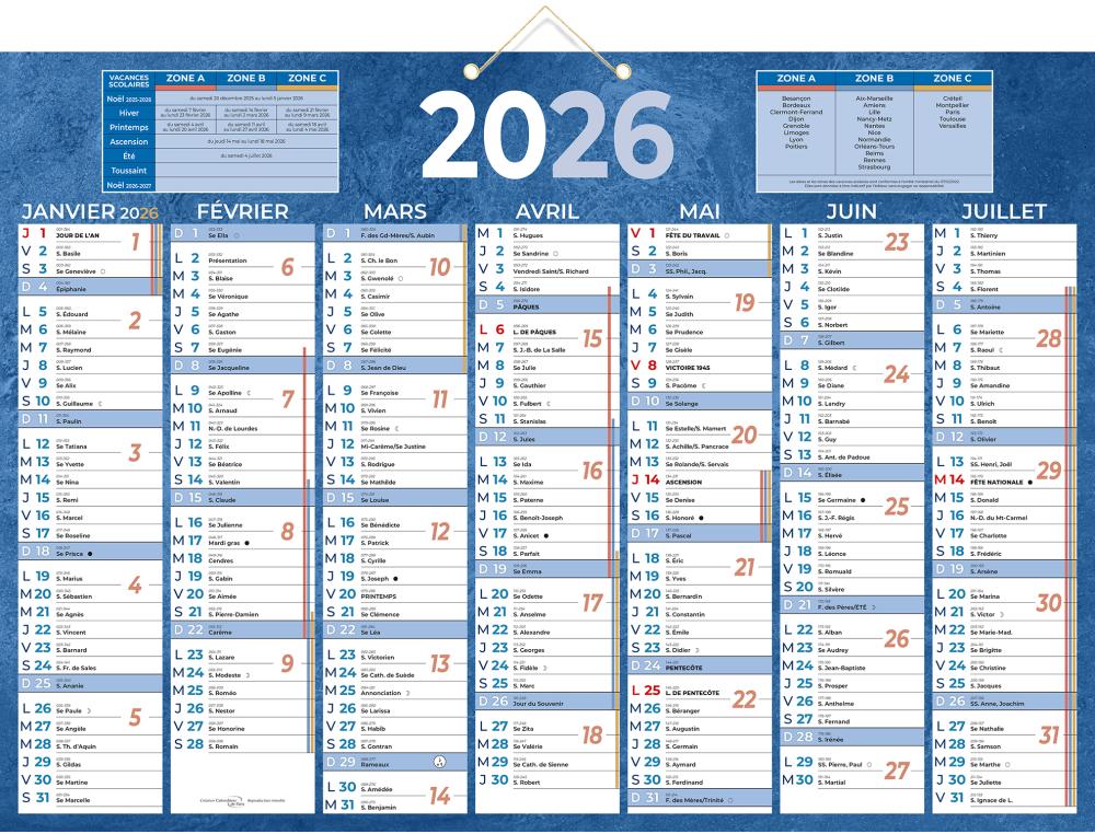 CALENDRIER 2X7M 38.5X54 BLEU CALENDRIER BANCAIRE BLEU 54X38,5 CM