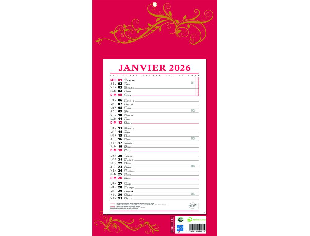 BLOC MENSUEL 12F 19X36 ROUGE BLOC MENSUEL MURAL 12F 19X36CM ROUGE