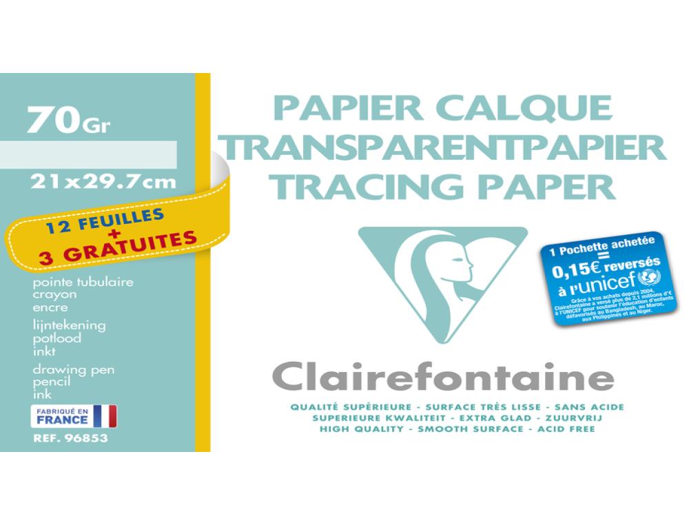 PAP CALQUE A4 70/75G POCH 12+3PAPIER CALQUE - CLAIREFONTAINE - A4 70G - POCHETTE 12 FEUILLES + 3 GRATUITES