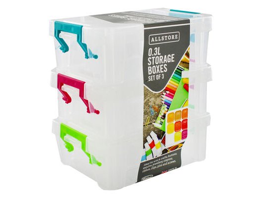 BOITE DE RANGEMENT LOT DE 3 X0.3L 13X9X5CM POIGNEES COUL ASSORTIES