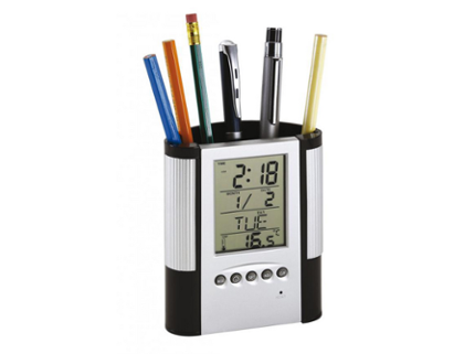 POT A CRAYON AVEC HORLOGE DATE ET THERMOMETRE - (MARQUAGE INCLUS)